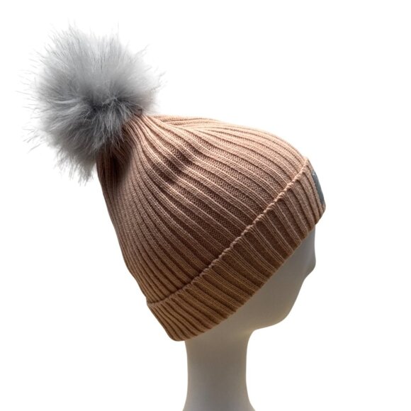 Womens Ribbed Knit Peach GH Bass and Co Beanie Hat With Faux Fur Pom One Size - Picture 5 of 8